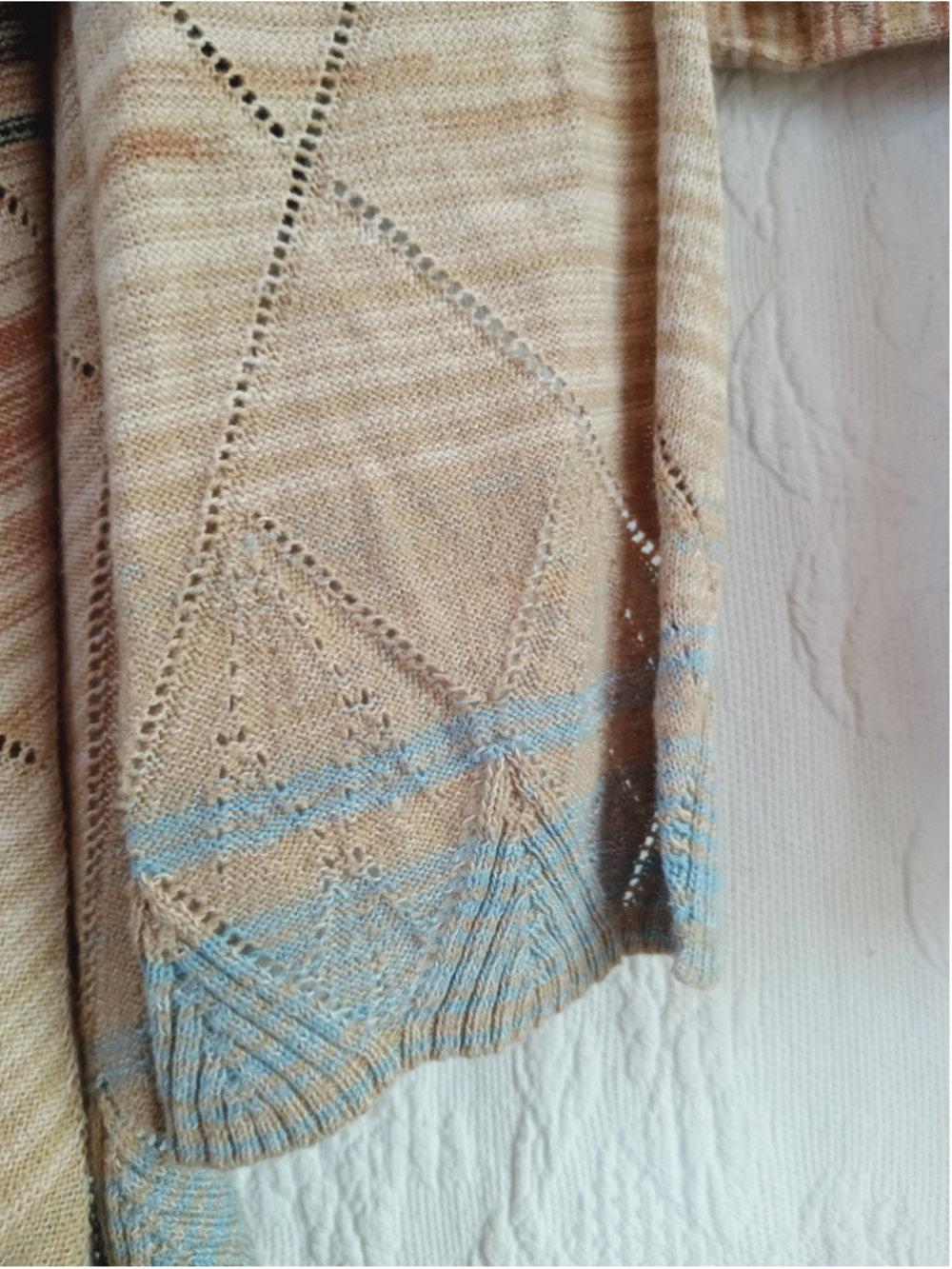 Pointelle Open Front waterfall Cardigan Beige Blue Striped knit sweater diamond - Picture 5 of 10